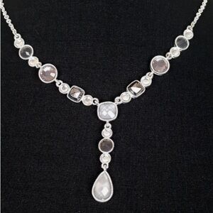 Avon Teardrop Lariat Dangle Silver Tone Smokey Grey Rhinestones 26" Total EUC